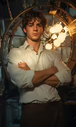 young man with arms crossed standing under bulb shaped light fixture