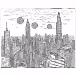 a drawing of a city with planets floating over it