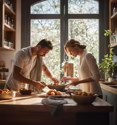 two people preparing food in the kitchen