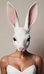a beautiful young woman in a bra with a white rabbit head mask