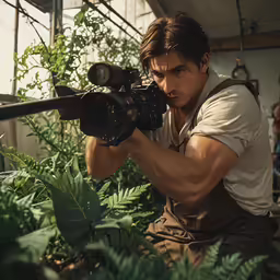 a man is filming something in the forest