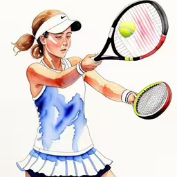 an illustrated drawing of a female tennis player hitting the ball,drawing of a tennis player hitting the ball,a tennis player is swinging the racket,a watercolor drawing of a female tennis player,a watercolor painting of a woman holding a tennis racket