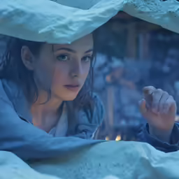 a young woman is under a blanket and holding her hands up
