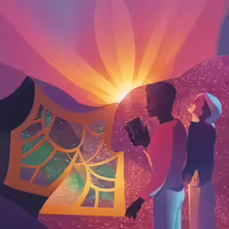 two people are standing with a bright pink background