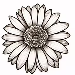 drawing of a flower with a black and white border,a white flower with a brown center,an ink drawing of a sunflower with lots of detail,a flower is drawn in black and white,a flower is shown with its petals turned down