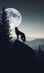 a lone wolf standing on the edge of a cliff at night