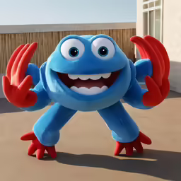 a very large blue cartoon character holding up his hands