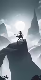 a person standing on a cliff with mountains in the background