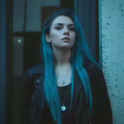 a woman with a blue green colored hair and a black leather jacket