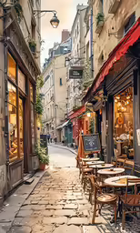 this city has cobblestone streets with tables and chairs