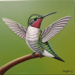 a hummingbird with a green background on a branch,a painting of a hummingbird on a branch,an art work of a humming bird perched on a twig,an acrylic style painting of a hummingbird sitting on a stick,a bird that is sitting on top of a branch