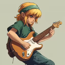 an anime character playing guitar while wearing headgear