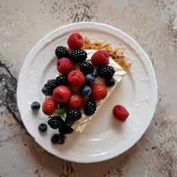 a white plate topped with a slice of pie covered in fruit