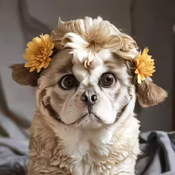 a dog with a flower in its ear on top of a bed