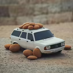 a white toy van with four stuffed teddy bears on top