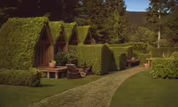 an image of a garden setting with hedges