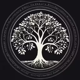 the tree of life with roots in a circle,an ancient white tree with leaves on a black background