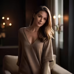 a woman is posing in a brown dress