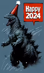 an illustrated image with the text happy new year and godzilla in a party hat