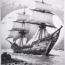 the sailing vessel is offloading in a body of water