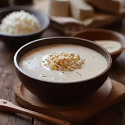 a bowl of soup sitting on top of a wooden board