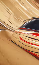 a brown car parked in the desert with lots of lines on it,the exterior of a white sports car with red accents