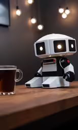 a robot toy with its head down next to a mug