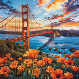 an orange sunflower field stands next to a beautiful bridge