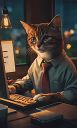 cat wearing a dress shirt and tie sitting at a computer