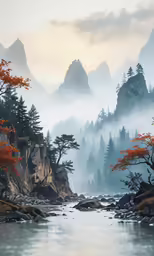 a mountain scene with a stream and trees