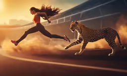 the woman running with a cheetah is a digital art