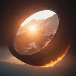 fire burning inside a car window in front of mountains