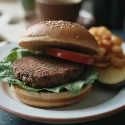 a hamburger with lettuce tomato and onion on the side