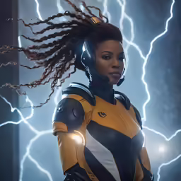an african american female with headphones and a lightning background