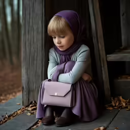 a young girl wearing a purple scarf sits on a step