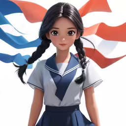 the animation girl with long hair and dress is looking at a wall