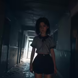 a girl walking down a dark hallway with only her shirt hanging