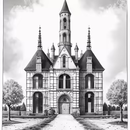 a black and white drawing of a gothic building with towers
