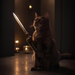 a cat sitting on the floor holding a knife