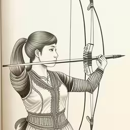 a drawing of a woman shooting a bow with her hand,the sketch of a girl playing with a bow and arrow