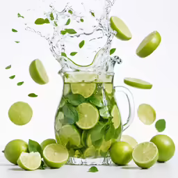 limes are pouring water into a pitcher with limes falling from it