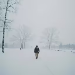 man on skies walking in deep snow by trees