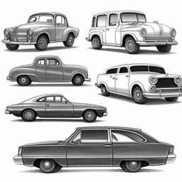 four different model cars in different colors,six old vintage cars are shown in different stages