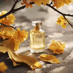 a bottle of perfume sitting next to yellow flowers