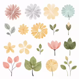 several leaves and flowers arranged on a white background