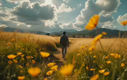 a man walking down a dirt road through a field