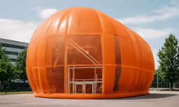 an orange structure is in the middle of a parking lot