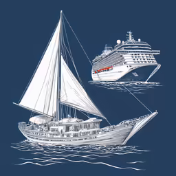 a boat and a ship with blue background