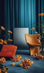 an empty screen and orange flowers in a vase on the ground