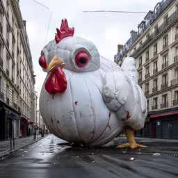 a statue of a chicken that is near many buildings,a giant stuffed chicken that is on the ground